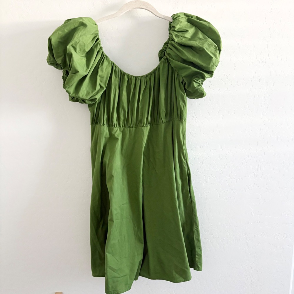 Abercrombie & Fitch Green Poplin Puff Sleeve Mini Dress Smocked Back Pockets MT - Picture 2 of 8
